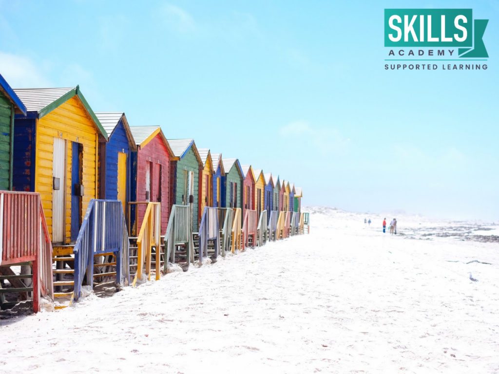 Chalets on Muizenberg beach. Learn the skills you need to take tourists on tours all around South Africa with our Tourism Courses.