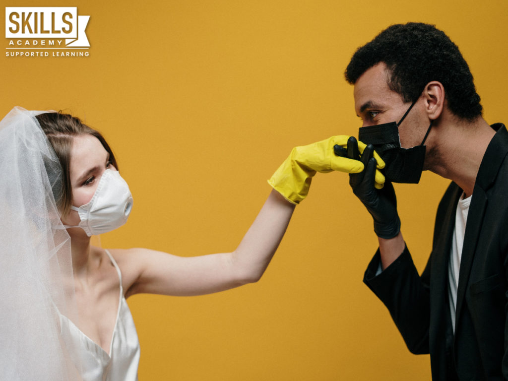 Bride and groom wearing face mask and protective gloves to get married during a pandemic. Here's How Covid Change the Events Industry
