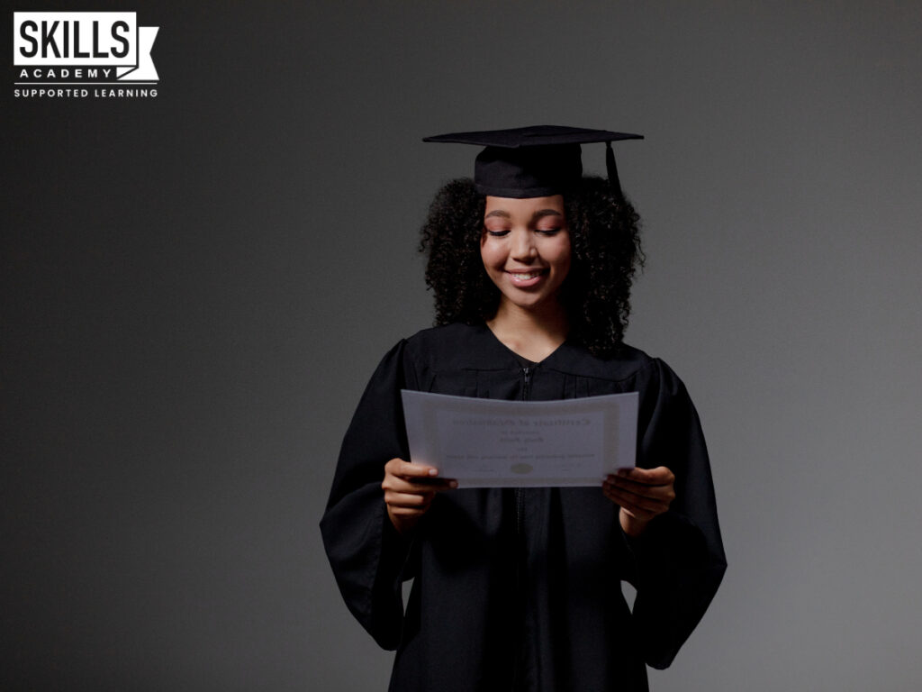 Matriculant looking at her matric certificate. Find out all about combining your matric results here.
