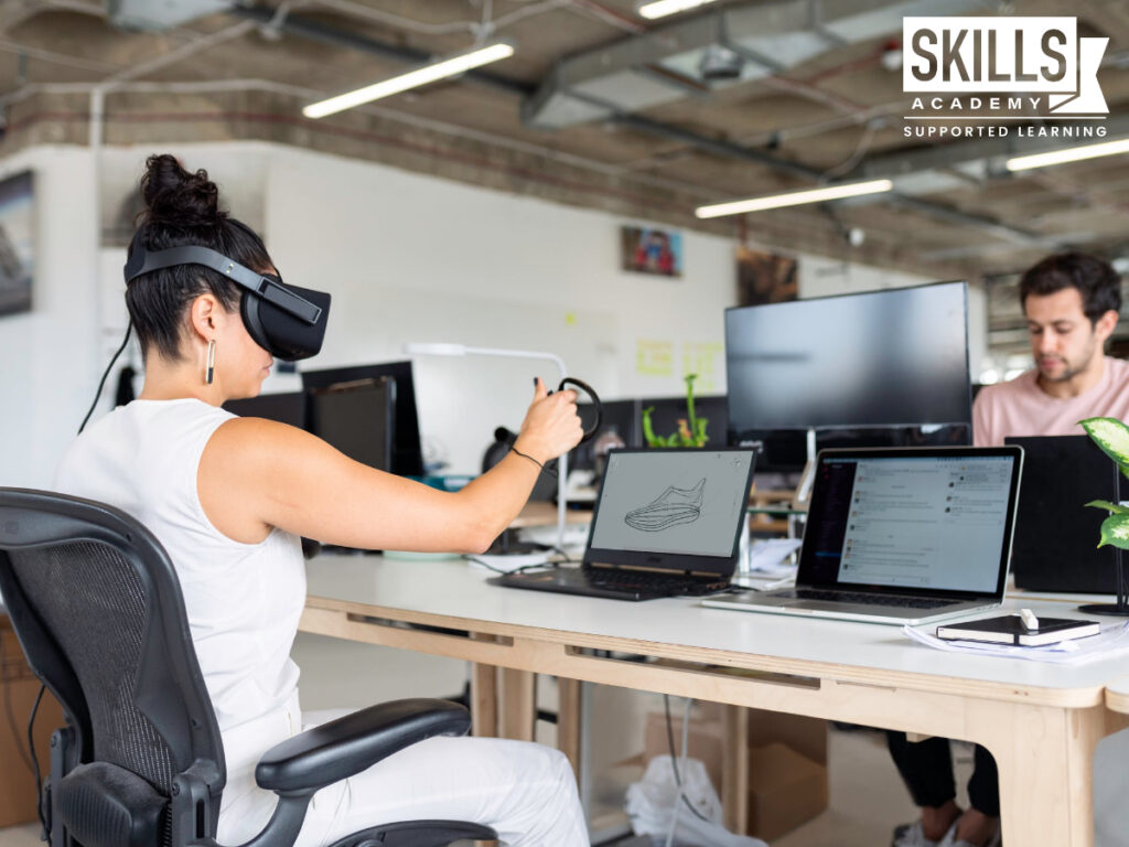 Girl playing with virtual reality set in office. Courses to Boost Your Office Career