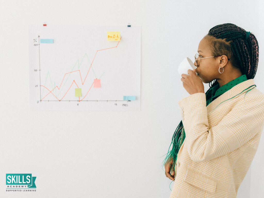 Businesswoman standing in front of a whiteboard while drinking coffee. Find out where to study business management online in South Africa.